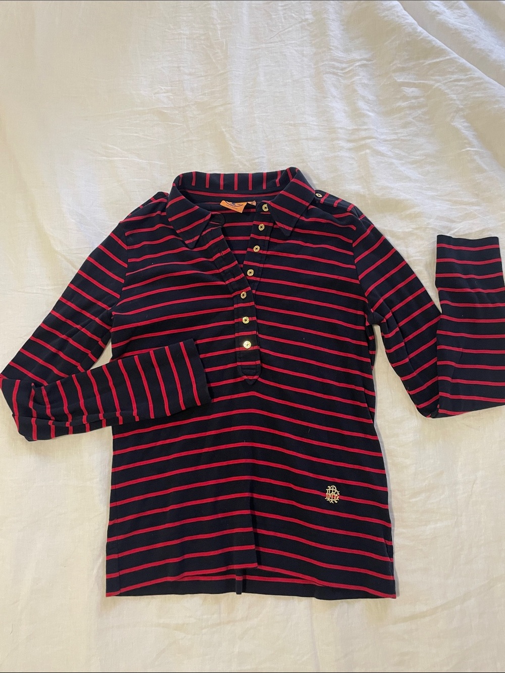 Tory Burch Long-Sleeve Polo Top in Navy with Pink Stripes